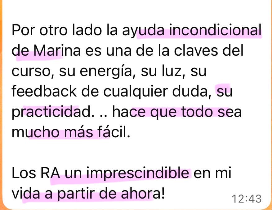 Testimonio de una alumna de Soberana: “Por otro lado la ayuda incondicional de Marina es una de las claves del curso, su energía, su luz, su feedback de cualquier duda, su practicidad... hace que todo sea mucho más fácil. Los Registros Akáshicos, un imprescindible en mi vida a partir de ahora!”
